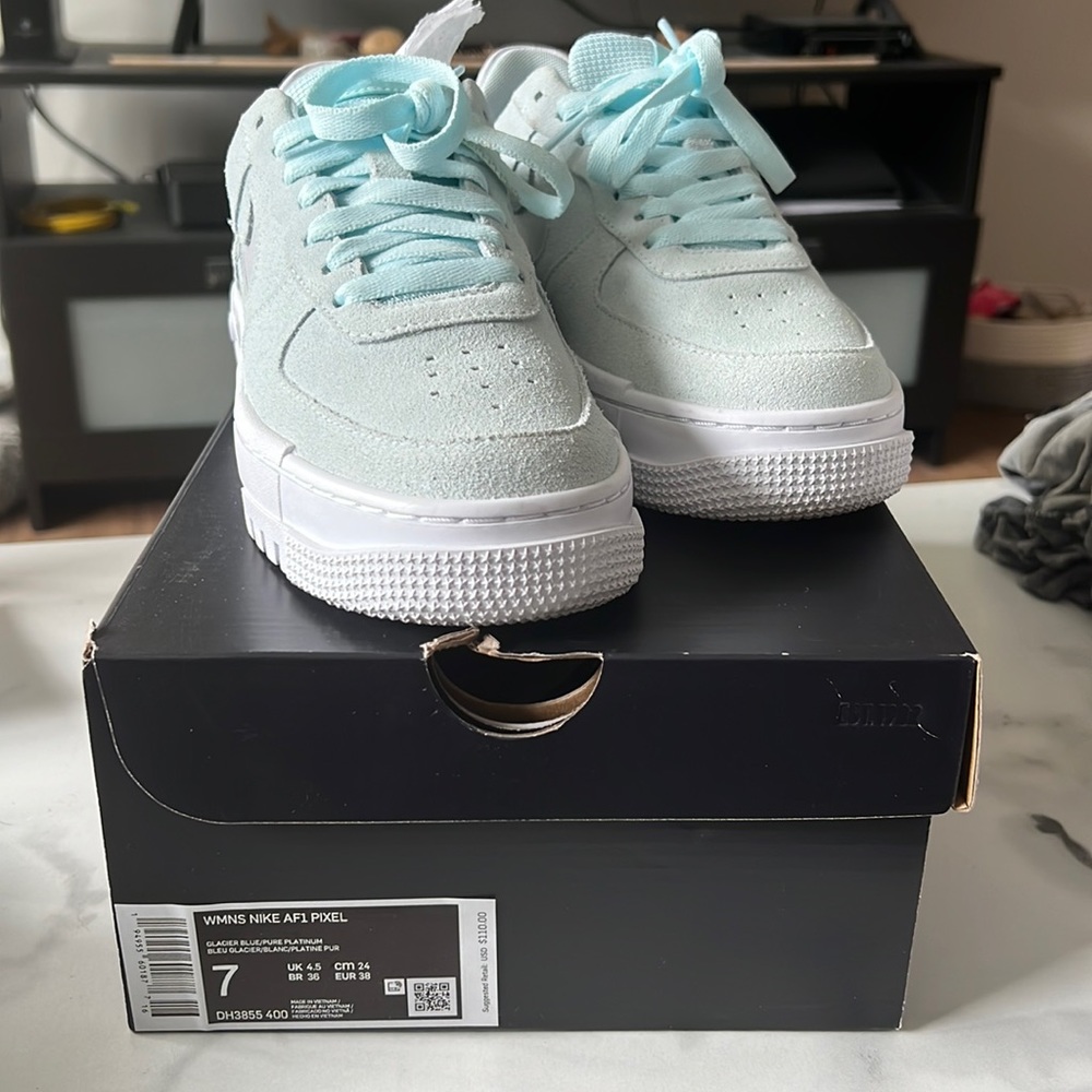 Pixel , Air Force 1s. Light blue